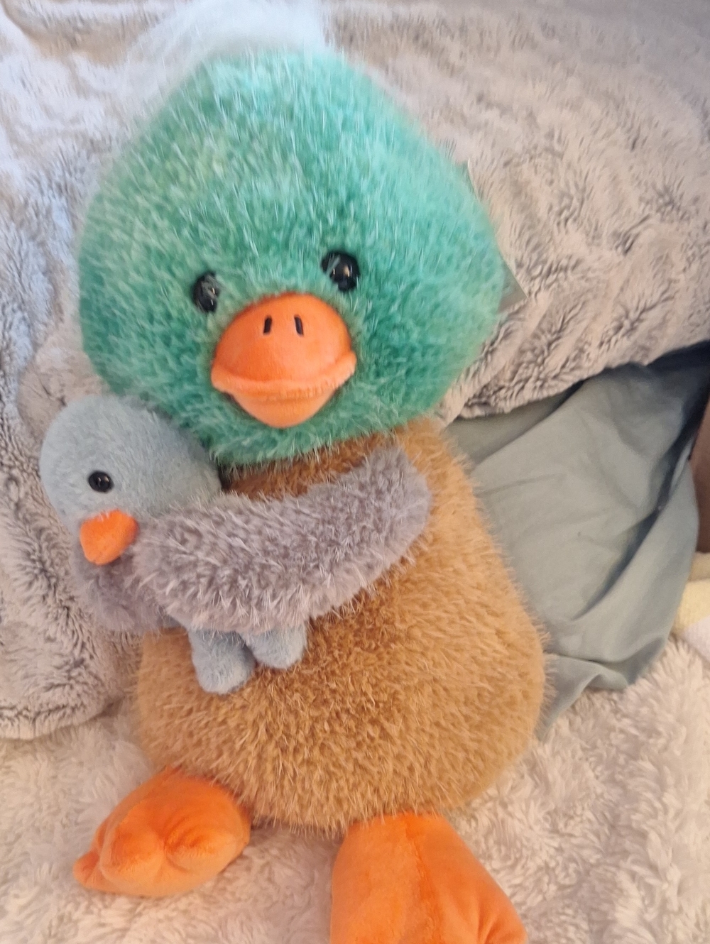 Plush Duck Toy in Green, Brown and Orange with Small Gray Chick